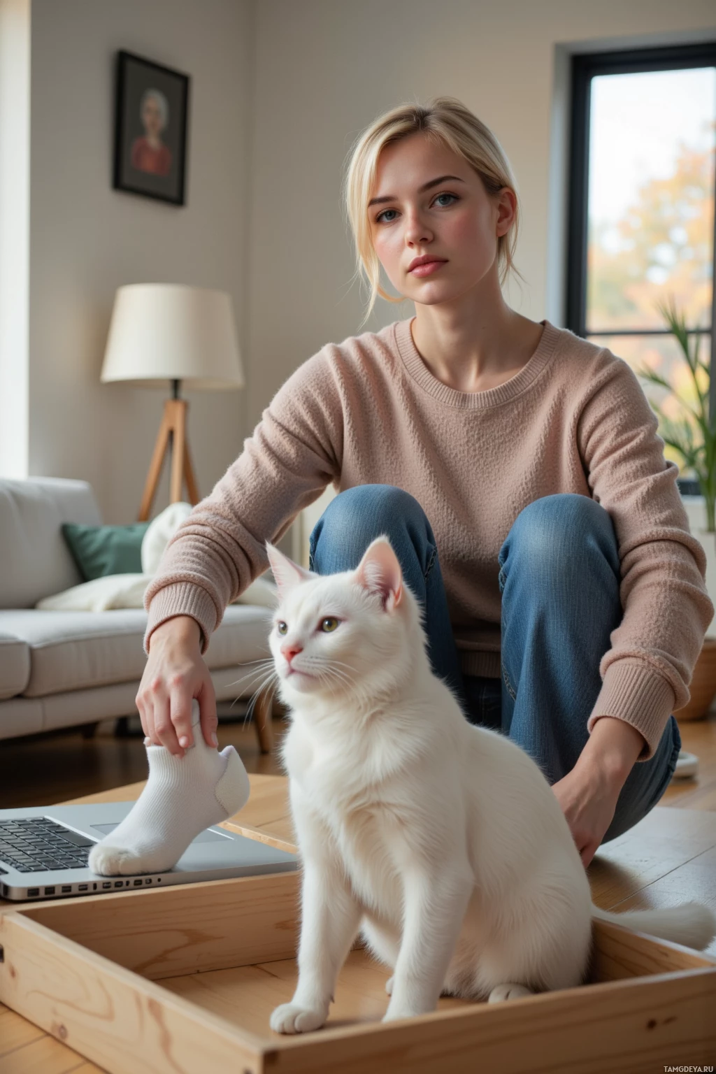 Realistic high quality photo. A 29‑year‑old woman with short blonde hair, bright blue eyes, pale skin, soft friendly expression, wearing a cozy sweater and comfortable jeans, tying her shoes in a modern living room with a laptop on a table, as a tiny white cat’s paw bursts out of an open sock drawer while the cat sits contentedly on the laptop screen with warm sunlight filtering through a window.