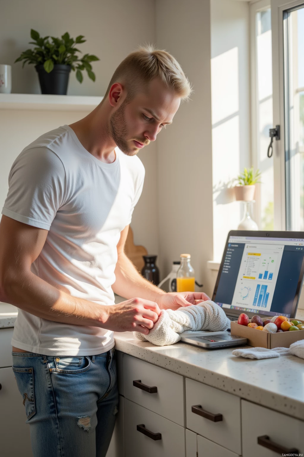 Realistic high quality photo. Male, 30, pale skin, shaved blonde head, blue eyes, wearing a fitted white t-shirt and light jeans, methodically assembling a pair of shoes on a kitchen counter with a laptop open to a spreadsheet showing a 3.14% below-target efficiency score, a snack inventory box on the counter, a single sock in hand, sunlight streaming through the window, early afternoon.