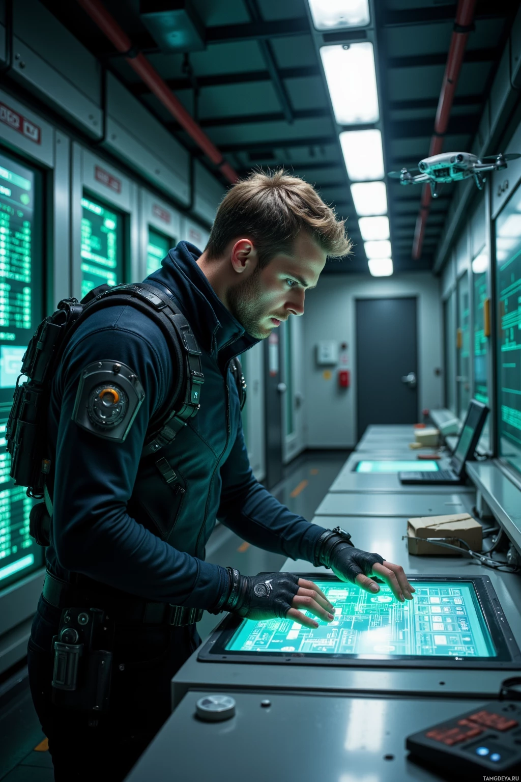Realistic high quality photo. A 28‑year‑old man with short light brown hair, piercing blue eyes, pale skin, in sleek black tactical gear with fitted gloves and a utility belt, leans over a glowing holographic console in a dimly lit colony data center, manipulating encrypted logs while a small surveillance drone hovers in a shadowed corner, surrounded by flickering green code streams and cold metal walls.