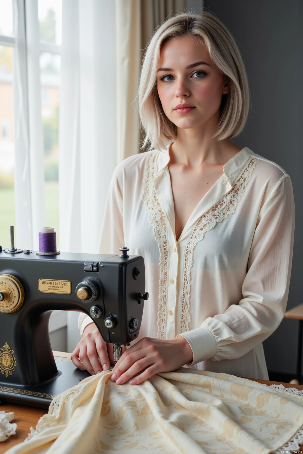 Realistic high quality photo. A 35‑year‑old woman with a silver shoulder‑length bob, bright blue eyes, porcelain skin, wearing an elegant lace‑detailed relaxed‑fit blouse, standing in a modern studio with lace curtains and soft morning light, tracing the seam of a vintage brocade blouse on a 2017 Singer sewing machine while a digital stitch counter displays counts, her posture meticulous and focused amid thread spools and fabric scraps.