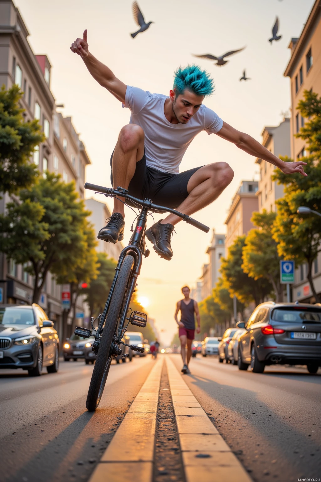 Realistic high quality photo. A 20‑year‑old athletic male with spiky blue hair, vibrant blue eyes, sun‑kissed skin, wearing a fitted t‑shirt and athletic shorts, riding a bike in reverse while executing a perfect back‑flip on a sunlit city street at sunset, with cars passing and pigeons flying overhead, realistic modern realism.