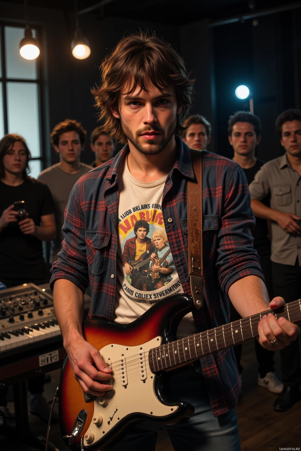 Realistic high quality photo. A 26‑year‑old man with messy dark brown hair, intense dark brown eyes, fair skin, wearing a worn plaid shirt over a vintage band tee and jeans, playing an old guitar with a rusty pick in a dimly lit modern studio, surrounded by a quiet crew of loyal musicians nodding to the beat, exuding raw, rebellious energy.