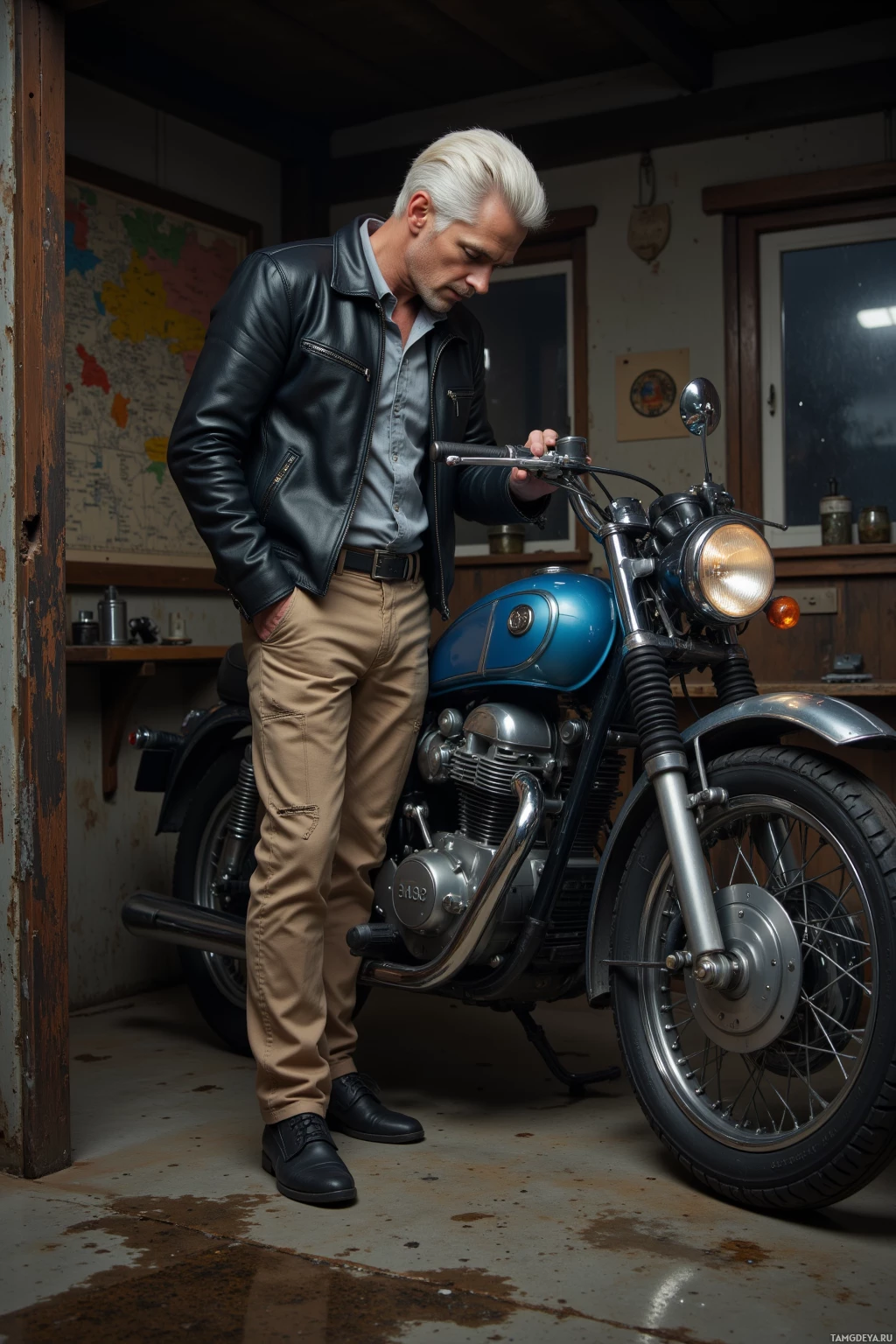 Realistic high quality photo. A 28‑year‑old man with white slicked‑back hair, pale skin, blue eyes, wearing a fitted black leather jacket over a grey shirt and scuffed light‑brown pants, stands in a dim garage beside a rusted 1963 map and a vintage matchbox motorcycle, checking the carburetor as a silent thunderstorm rages outside and puddles glisten on the cracked concrete floor.