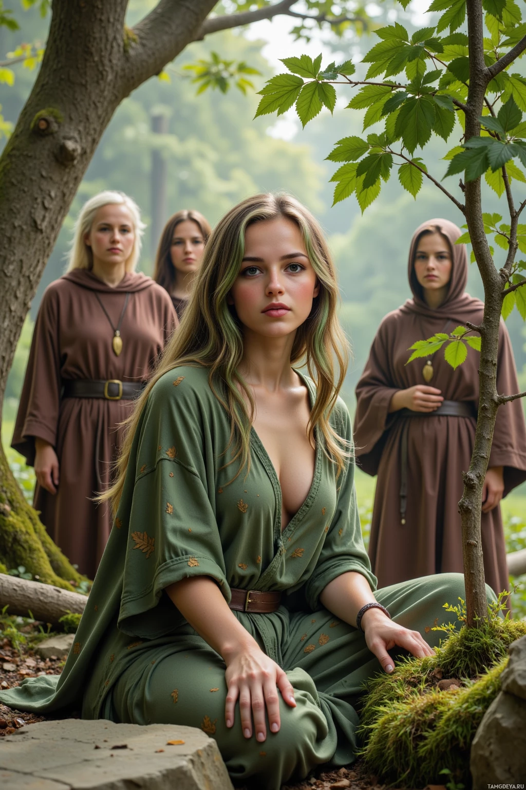 Realistic high quality photo. Serene 24‑year‑old woman with long green hair, brown eyes, tan skin, wearing earth‑tone leaf‑motif clothing, gently speaking to a sapling beside a mossy stone in a sunlit forest clearing, oak council elders in bark robes watching as wind rustles leaves.