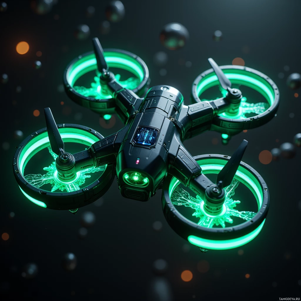 Semi-abstract image with many light, that is suitable for the post:  compact matte black drone with a glowing green HUD, solar panels, visible nanotech filaments winding around its rotors, a sleek modular arm extending, and a silent motor design all rendered in a high‑tech futuristic style.