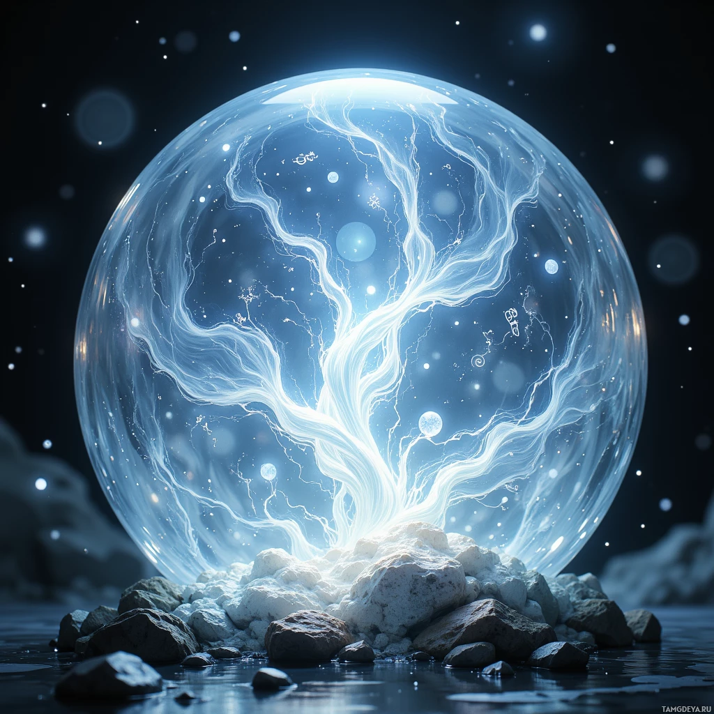 Semi-abstract image with many light, that is suitable for the post:  Translucent moonstone glass orb with a swirling rippling surface, faint silver thread spiraling from its center, glowing runic inscriptions pulsing softly, shimmering like a calm pond, polished glass edges.