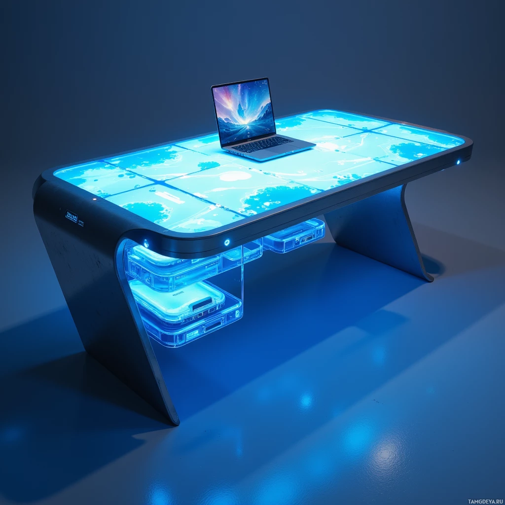 Semi-abstract image with many light, that is suitable for the post:  Sleek titanium frame desk with an integrated magnetic docking station, a curved OLED touch surface glowing in cool blue, and a modular RFID-enabled drawer system featuring transparent glass panels.