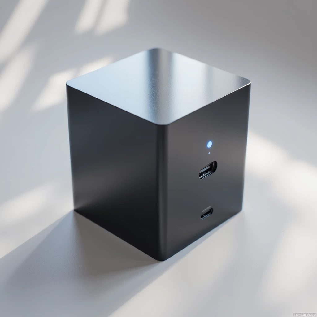 Semi-abstract image with many light, that is suitable for the post:  A 20 mm matte aluminum cube with a black‑and‑white e‑ink display, a USB‑C port, a tiny lithium battery compartment, a single tactile button, and a subtle LED light, minimalistic industrial design.