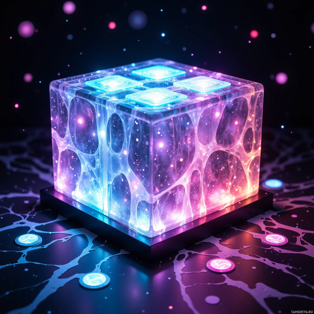 Semi-abstract image with many light, that is suitable for the post:  Ultra‑compact cube‑shaped synthesizer with a shimmering, semi‑transparent polymer surface that glows in sync with beats, folding out into a miniature 3‑D stage with floating touch panels that glow and reveal instrument icons.