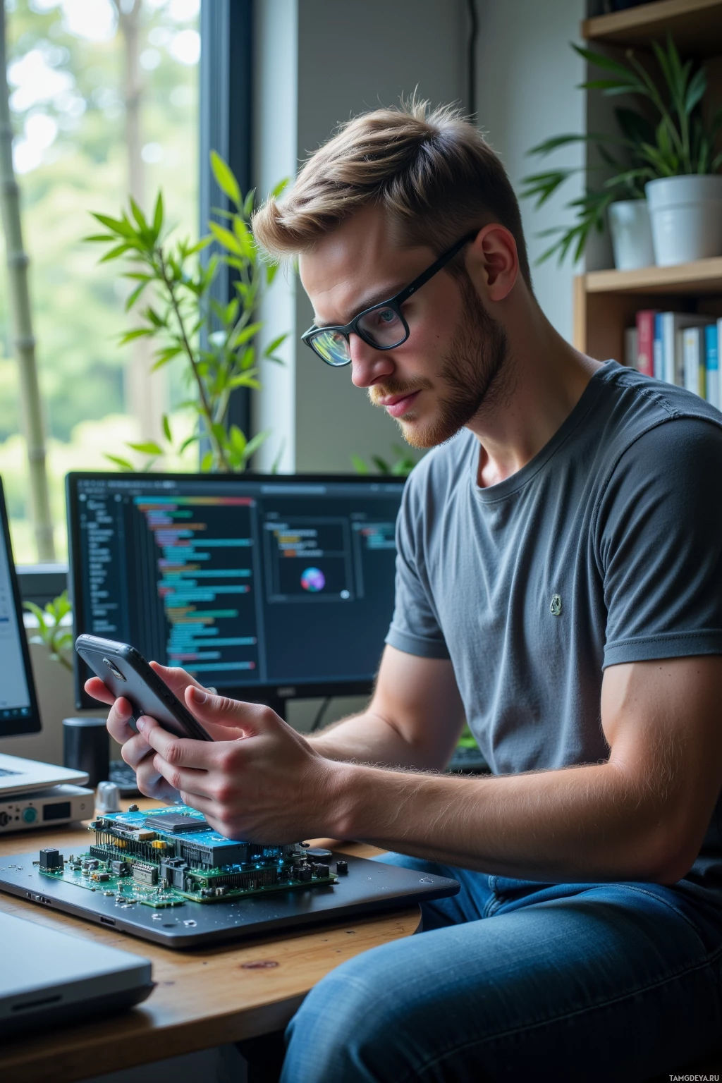Realistic high quality photo. male, 29, short blonde hair, blue eyes, pale skin, grey casual shirt, dark jeans, smart glasses, holding a sleek smartphone, dissecting a LatticeAI microprocessor inside a quiet lab with a soft blue glow from the debug screen, bamboo visible through a window outside, afternoon light, focused and analytical posture.