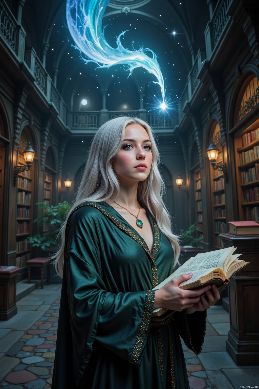 Realistic high quality photo. A silver-haired, emerald-eyed 25-year-old woman in mystical robes with a gemstone pendant stands in a moonlit library with cobblestone floors, chasing a star that dissolves into parchment while a notebook is tucked in a pocket of twilight, listening to distant constellations.