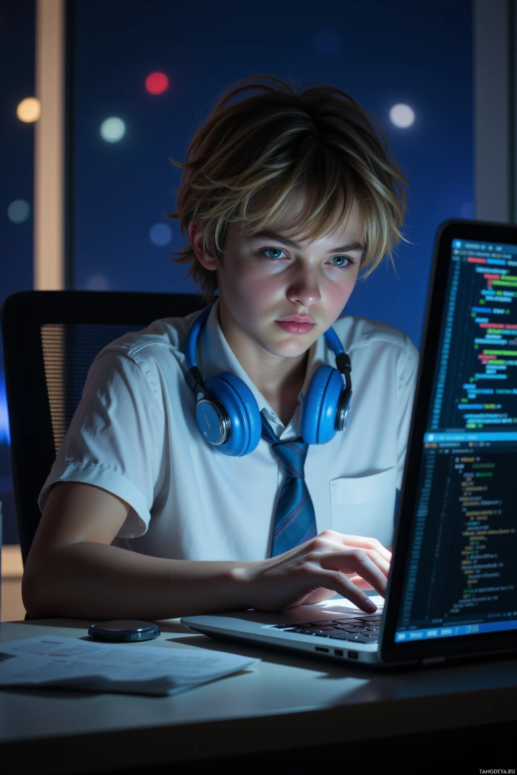 Realistic high quality photo. A 17‑year‑old male with messy blonde hair, bright blue eyes, fair skin, wearing a neat school uniform with a loose tie and blue headphones around his neck, sits at a modern desk late at night, typing on a laptop that displays a stack overflow error and a 404 page, a small lamp illuminating his focused yet slightly amused expression as code snippets and a meme post are visible on a browser tab.