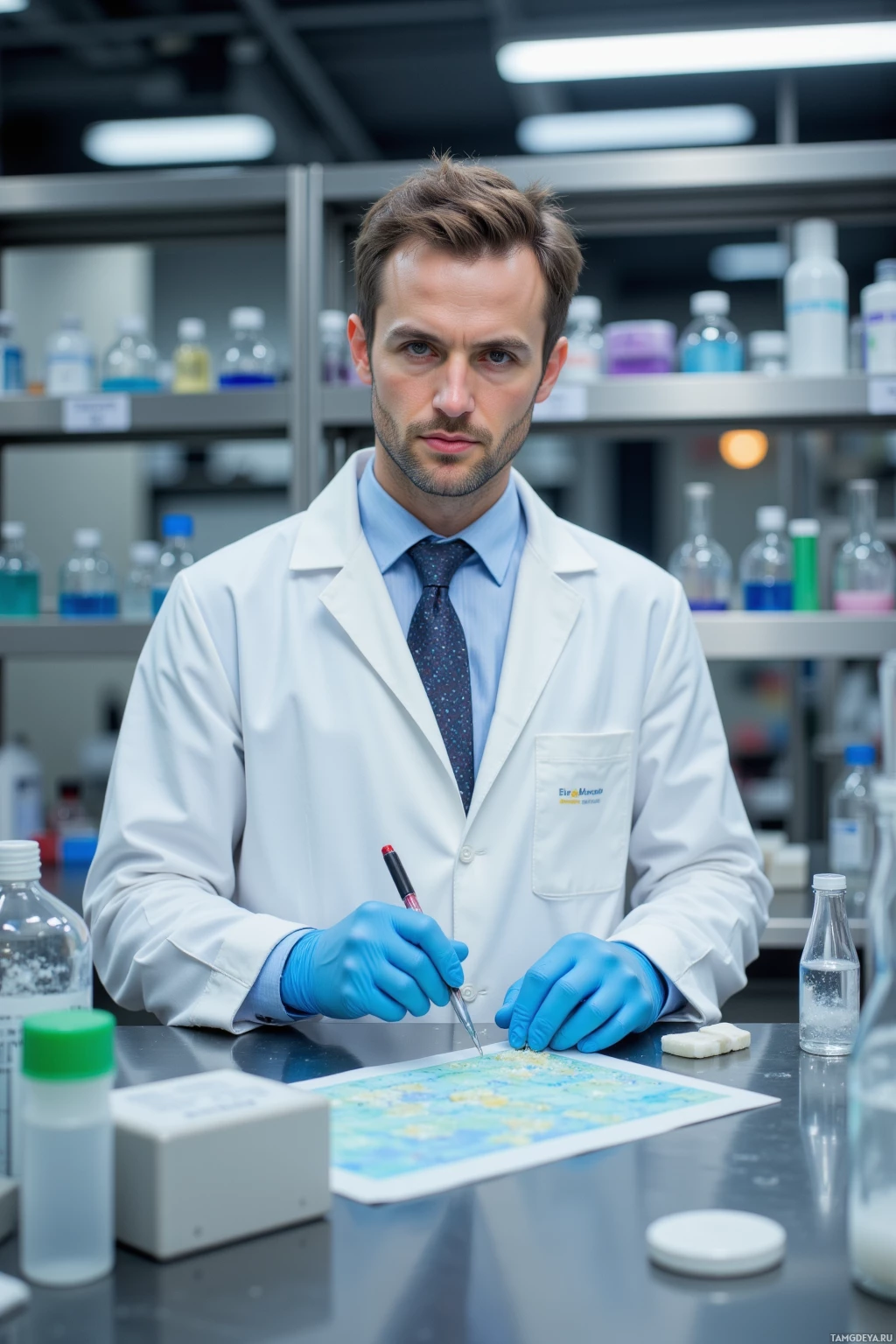 Realistic high quality photo. A 36‑year‑old man with short brown hair, hazel eyes, fair skin, wearing a white lab coat over functional clothing, double‑labels laboratory tubes on a stainless steel bench in a modern chemistry lab, his hands steady and focused as he rewrites labels to maintain precise organization while crystal lattices form under a soft laboratory light.