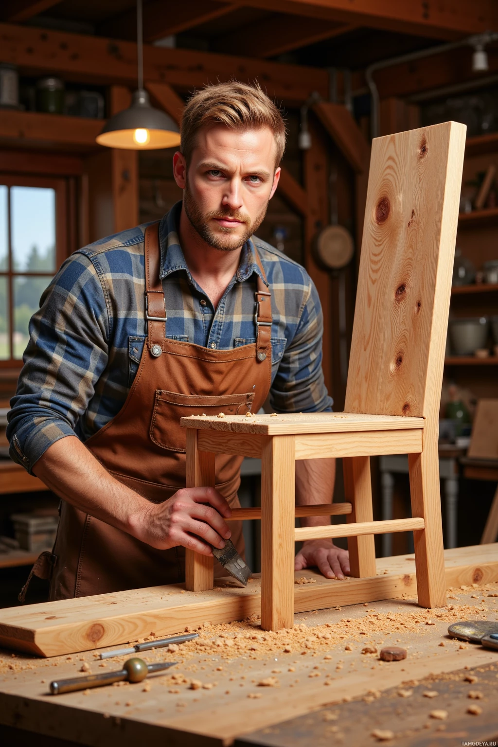 Realistic high quality photo. 35-year-old rugged male with light blonde hair, clear blue eyes, neatly trimmed beard, in a leather apron, flannel shirt, worn jeans, carving a cedar slab into a dining chair in a softly amber-lit workshop, saw blade cutting precise grooves, wood grain shining, surrounded by sawdust and tools.