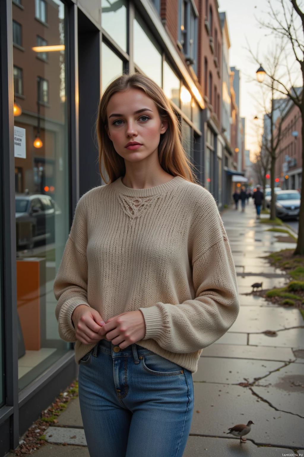 Realistic high quality photo. Woman, 24, long light brown hair, blue eyes, wearing an oversized beige sweater and faded jeans, standing on cracked pavement covered in moss in a quiet city alley at dusk, a beetle crossing her desk in a glass office cubicle, holding a folded note, while a stray goose waddles near a riverbank and gentle sunlight flickers on the water.