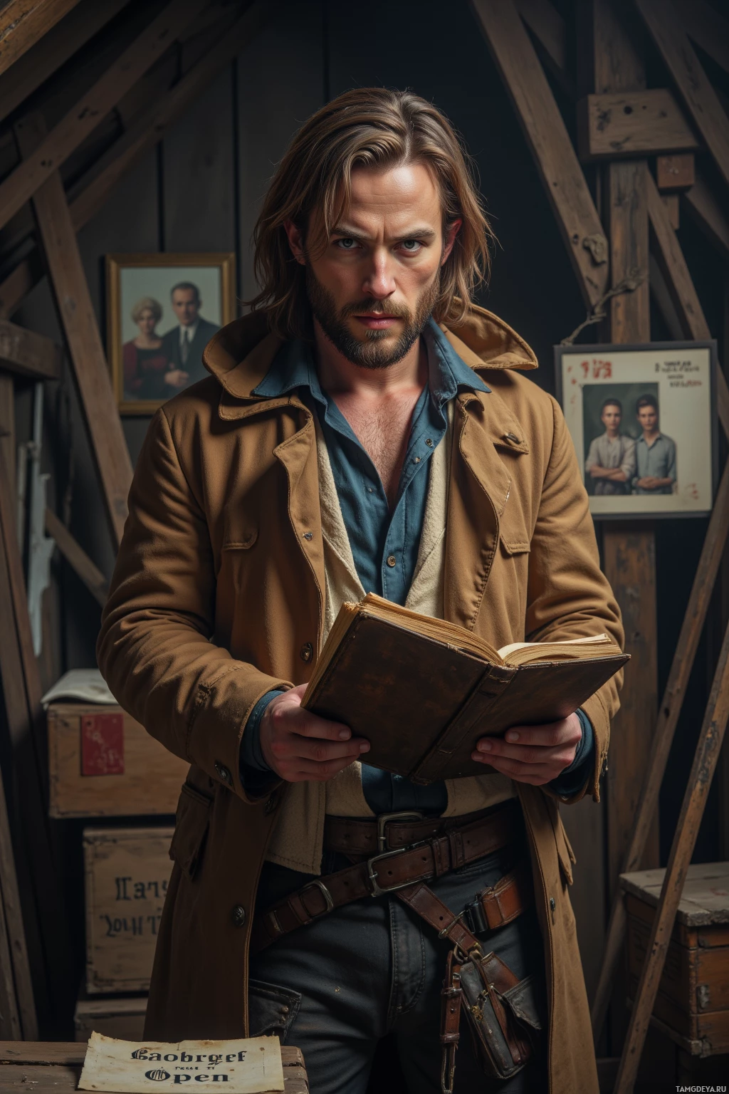 Realistic high quality photo. A 39‑year‑old man with light brown long hair, blue eyes, sharp features, wearing a worn thick long coat and rugged trousers, stands in a dusty attic at day, examining a ledger behind a sign that reads “Do Not Open”, surrounded by old wooden beams, boxes, and a framed family photo with a 1974 stamp, his posture tense with quiet intensity and skeptical curiosity.