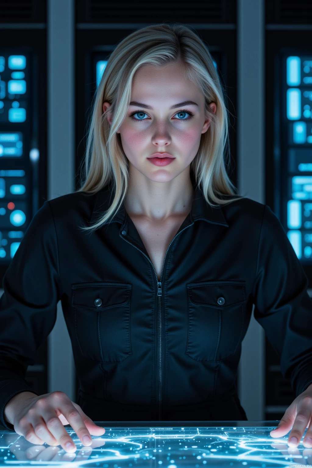 Realistic high quality photo. A 30‑year‑old female cyber‑engineer with silver ponytail, violet eyes, pale skin, wearing a black jumpsuit with metallic seams, sits at a holographic diagnostics console in a dimly lit server bay, her hands mapping invisible network lines on a translucent screen while a stack of backup disks glows softly behind her.