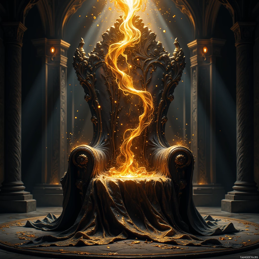Semi-abstract image with many light, that is suitable for the post:  A sleek black velvet throne with delicate metallic filigree, a hidden button, and an integrated holographic projector that casts a full‑scale golden Renaissance throne with velvet drapes, emitting a faint amber scent and adjustable lighting and weight features.