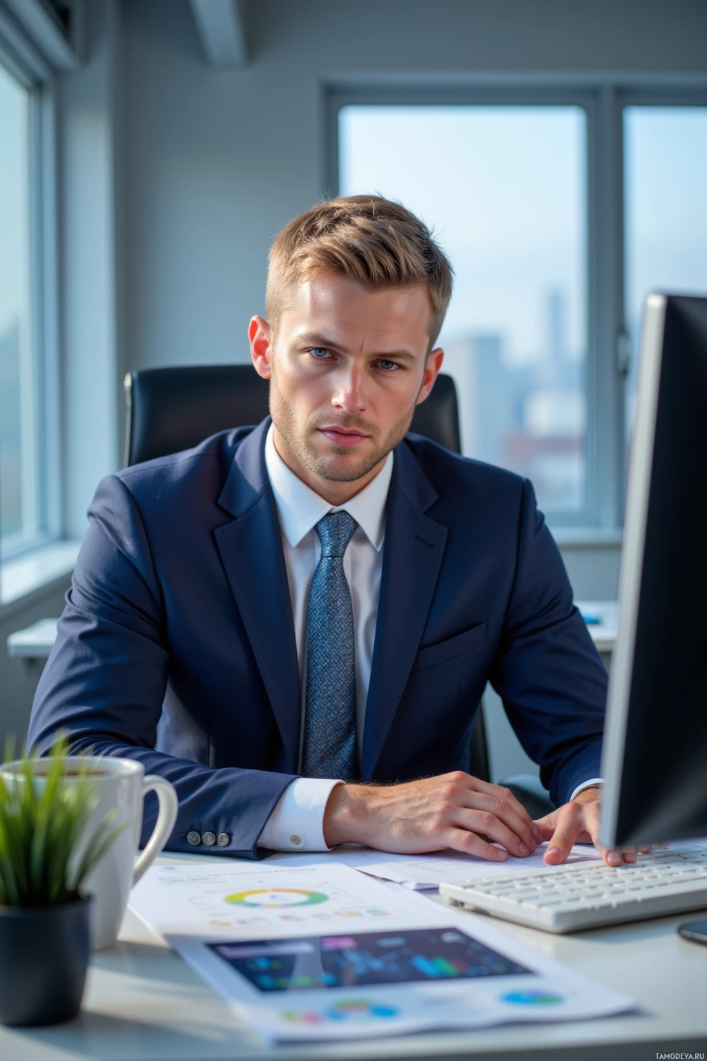 Realistic high quality photo. A 32‑year‑old man with short blonde hair, bright blue eyes, sharply groomed, wearing a tailored navy suit, crisp white shirt and patterned tie, sits at a pristine modern office desk in the quiet early hour, staring intently at glowing dashboards on a large monitor while organized papers and a coffee mug rest beside him, soft natural light filtering in.