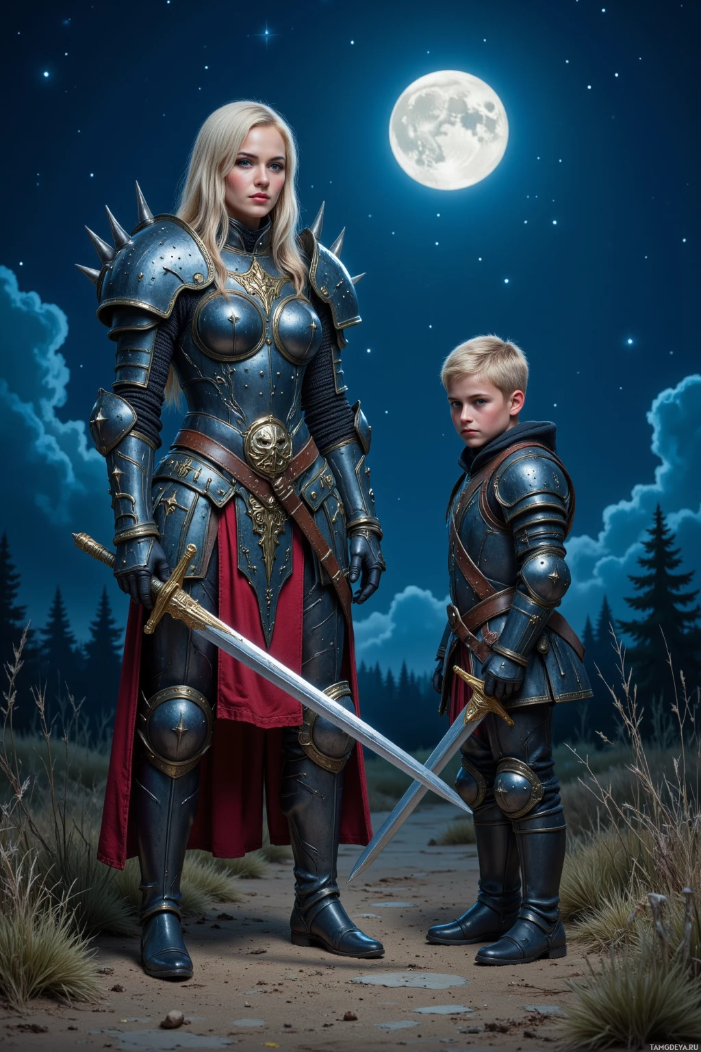 Realistic high quality photo. Tall, blonde woman in spiked armor stands on a moonlit training ground, calm and commanding, guiding a young swordsman who has stumbled, their swords poised under a pale moon and glittering stars, echoing disciplined resolve in a fantasy battlefield.