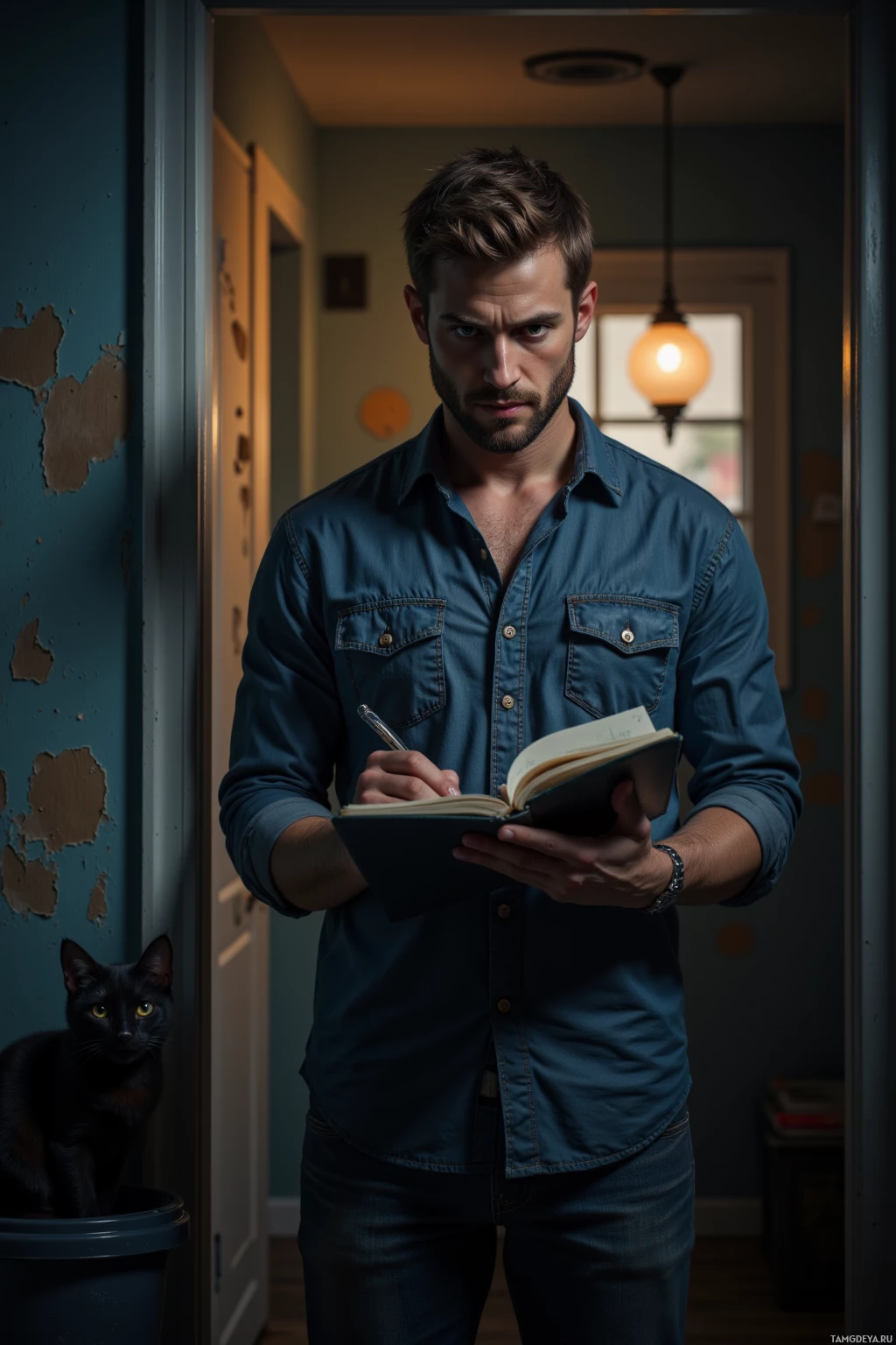 Realistic high quality photo. A 32‑year‑old man with short light brown hair, blue eyes, trimmed beard, wearing a casual button‑up shirt and jeans, stands in a dim hallway with peeling paint and a flickering streetlight visible through a small window, a closed door in front of him, a cat perched on a recycling bin beside the door, holding a notebook as he drafts a one‑sentence confession, his posture tense and contemplative.