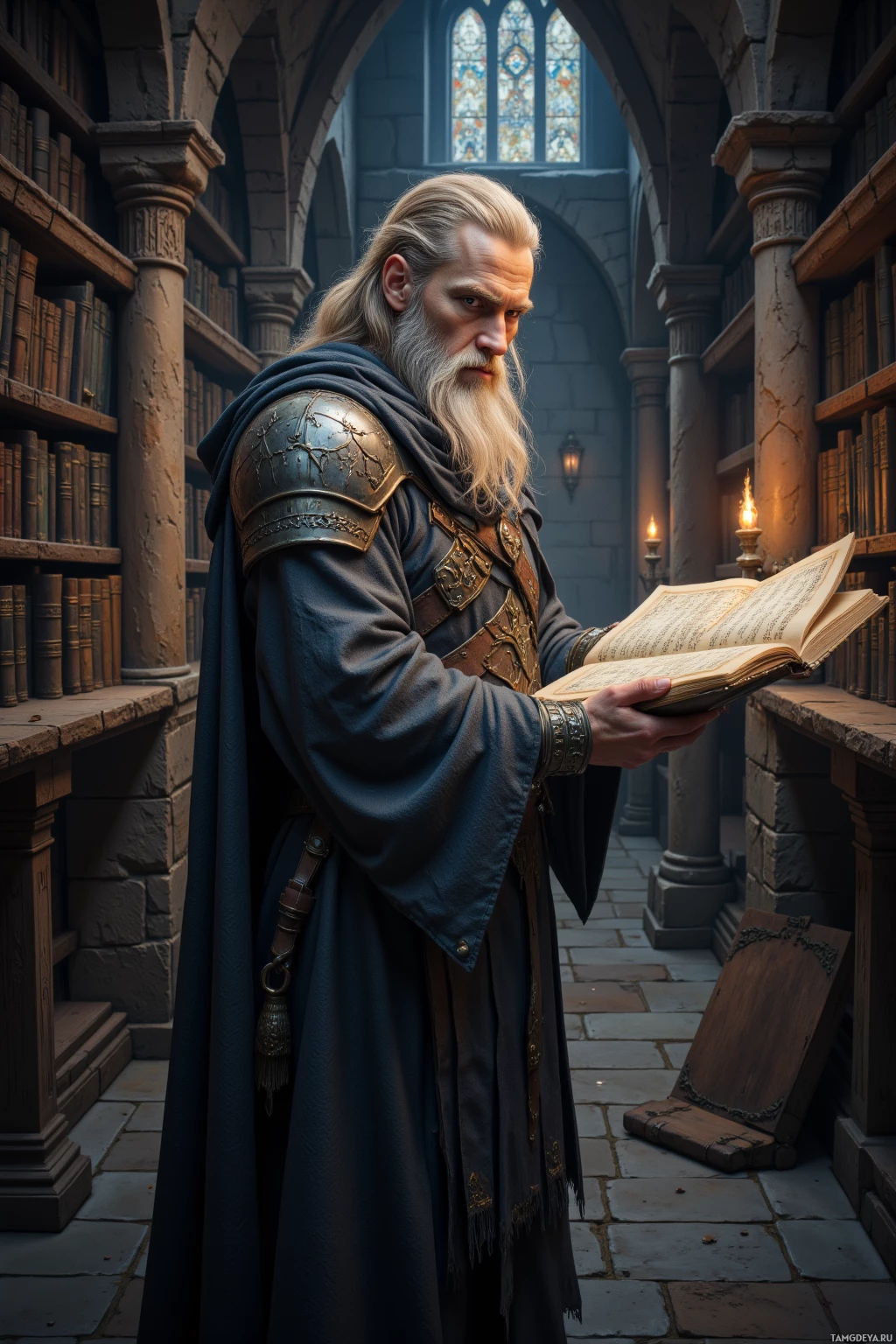 Realistic high quality photo. A tall, 45‑year‑old male archivist with long blonde hair, a gray beard, piercing blue eyes, pale skin, wearing ancient Nordic‑inspired armor beneath a dark gray cloak, stands in a dim cryptic wing of a stone library, surrounded by towering shelves of parchment and stone tablets, calmly cataloguing a lost chronicle while tracing faded runes with a quill under flickering torchlight.