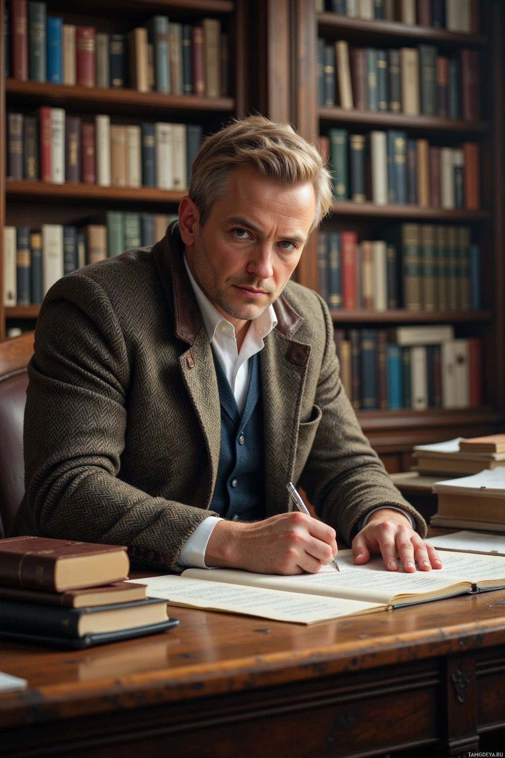Realistic high quality photo. A 40‑year‑old man with short blonde hair, blue eyes, pale skin, wearing a well‑fitted tweed jacket with leather elbow patches and glasses perched on his nose, seated at a wooden study desk under early morning light, holding a thick dictionary under one arm, poised with a pen in hand as he corrects an email on a laptop, surrounded by stacks of books and papers.