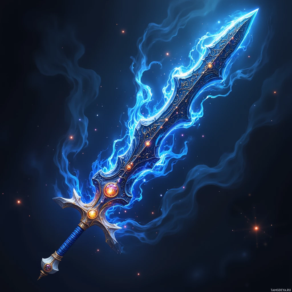Semi-abstract image with many light, that is suitable for the post:  A sword with a swirling black flame blade etched with glowing starfire runes, a handle carved from pale sky wyrm bone, and a pulsating deep sapphire pommel humming with power.