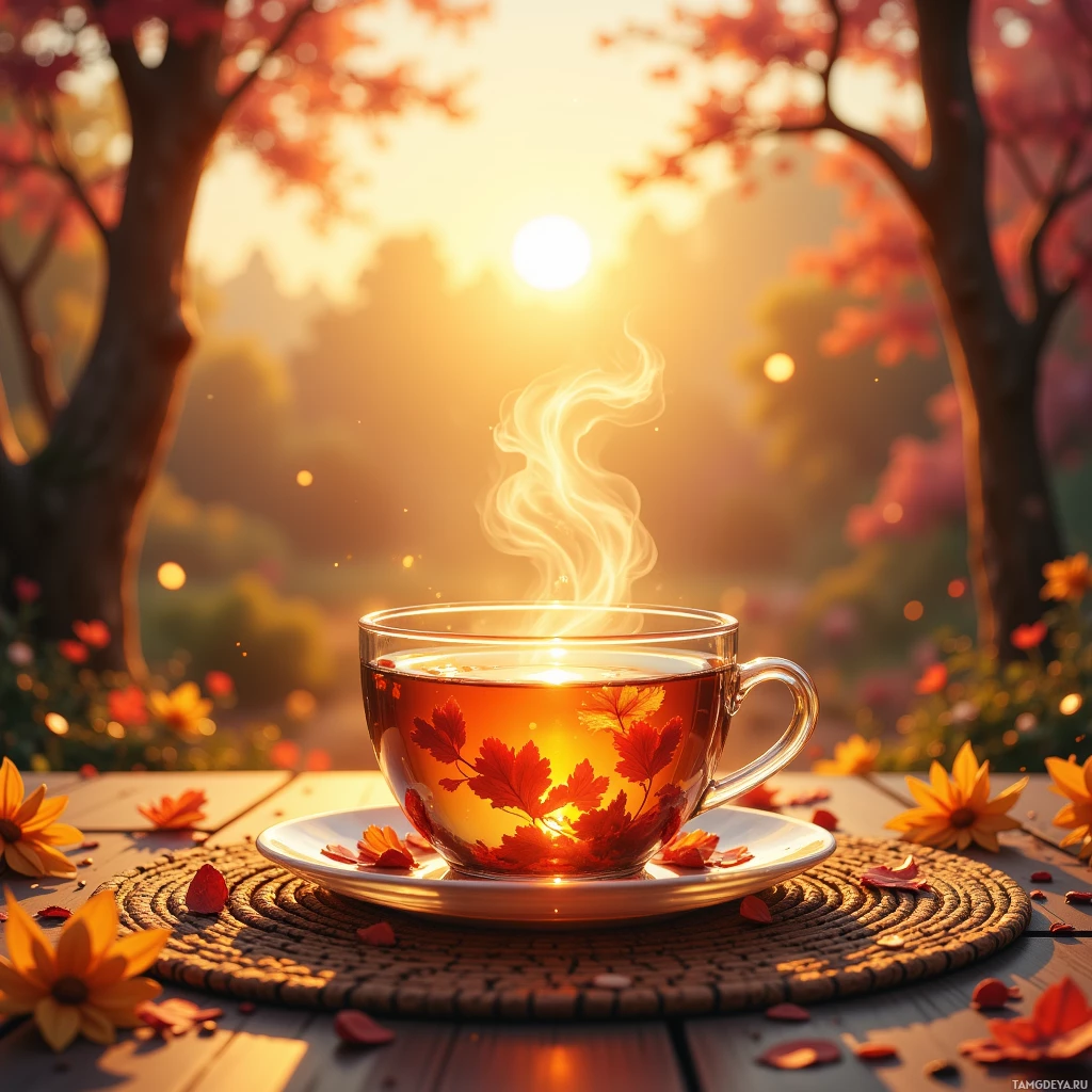 Semi-abstract image with many empty light space at center of beautiful background, that is suitable for the post:  My herbal tea cup is a time capsule, each sip a tick of my heart, syncing with the sunrise.