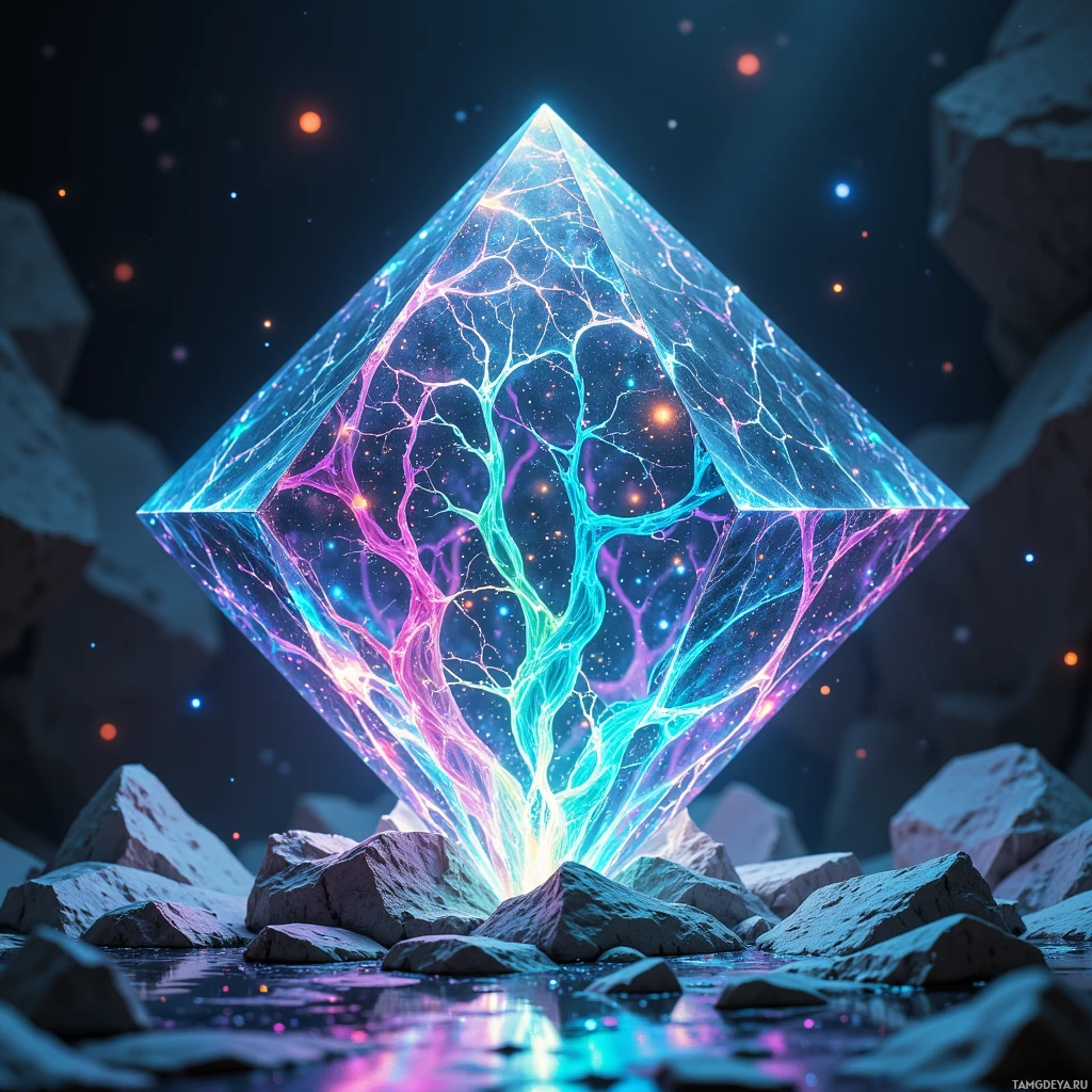 Semi-abstract image with many light, that is suitable for the post:  a silvered graphene lattice prism with bioluminescent algae filaments pulsing in shifting holographic grids, origami‑folded edges, iridescent colors that ripple with sound, microarchitectural fractal patterns glowing against a matte metallic backdrop.