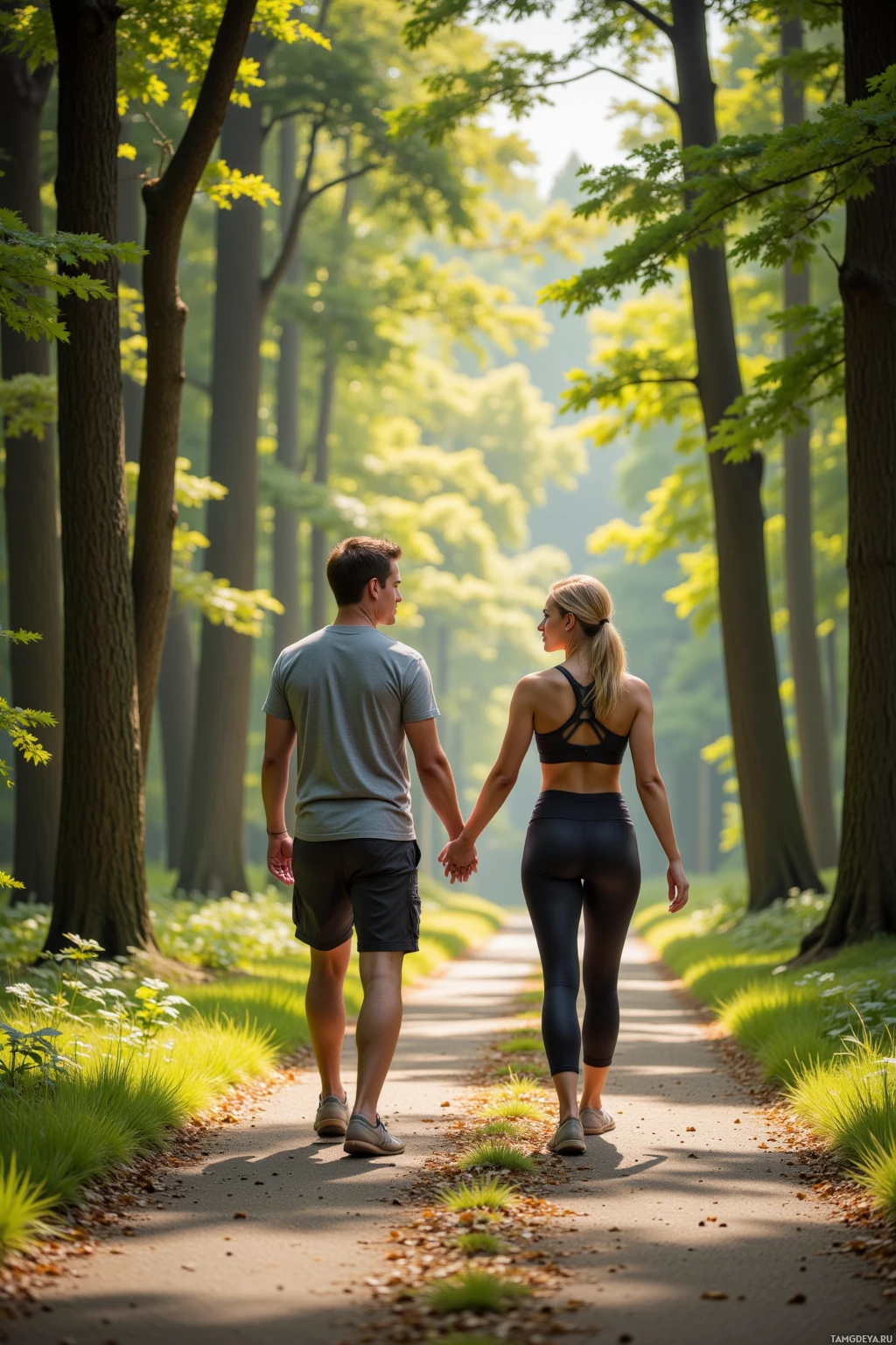 Realistic high quality photo. A blonde woman in yoga clothes with a soft ponytail walks along a sunlit forest path, offering a hand to a passerby in casual attire, leaves rustling in a gentle breeze, serene expression, daytime.