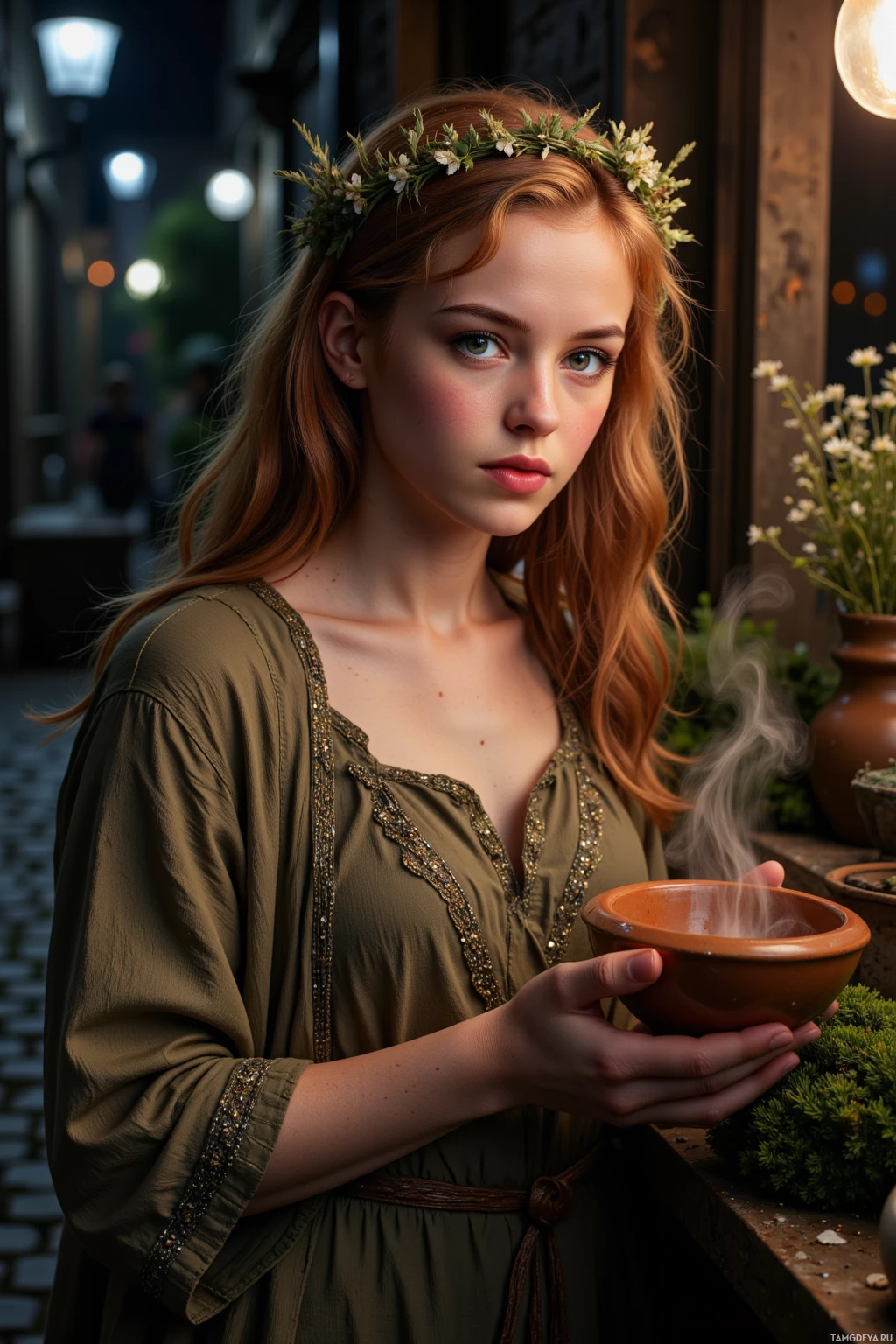 Realistic high quality photo. A young 22‑year‑old female herbalist with curly auburn hair, vivid green eyes, fair freckled skin, wearing an earth‑toned dress with tiny floral embroidery, handwoven shawl, and a dried wildflower crown, standing on a dim cobblestone street at night, holding a cracked clay bowl beside a steaming kettle, surrounded by bundles of herbs on a mossy shelf, a flickering streetlamp casting a soft glow, she hums softly, rooted against the hum of machinery.