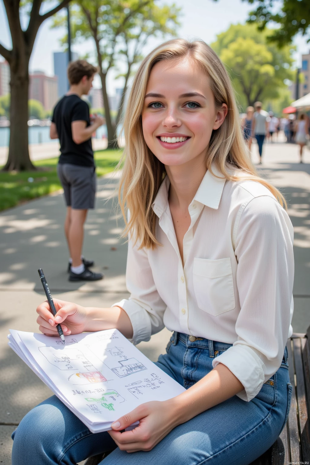 Realistic high quality photo. Female marketing wizard, 27, curly blonde hair, bright blue eyes, fair skin, wearing a simple trendy blouse and jeans, sketching a storyboard on a bench at a sunny riverwalk while watching a street performer flip a vinyl record, smiling with energetic body language, modern realism, afternoon light.