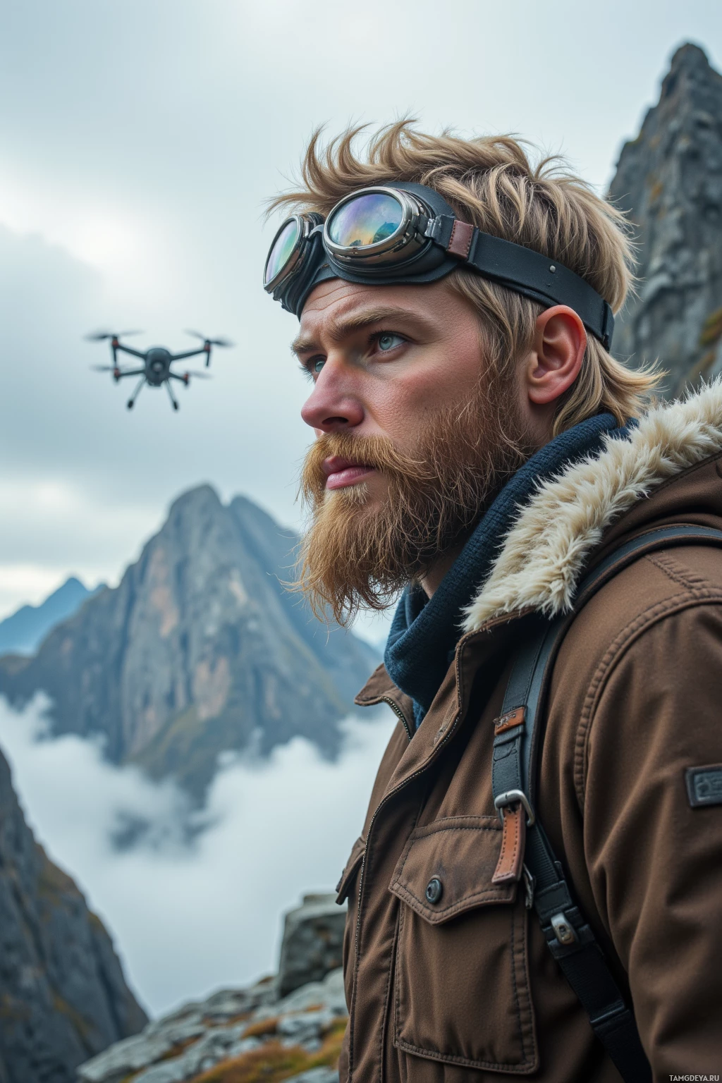 Realistic high quality photo. Rugged 34‑year‑old male with blonde hair, blue eyes, a well‑maintained beard and strong jawline, wearing vintage pilot goggles and a brown leather jacket, standing on a 12,000‑foot cliff edge, watching a drone struggling amid a cloud‑filled sky, modern realism.
