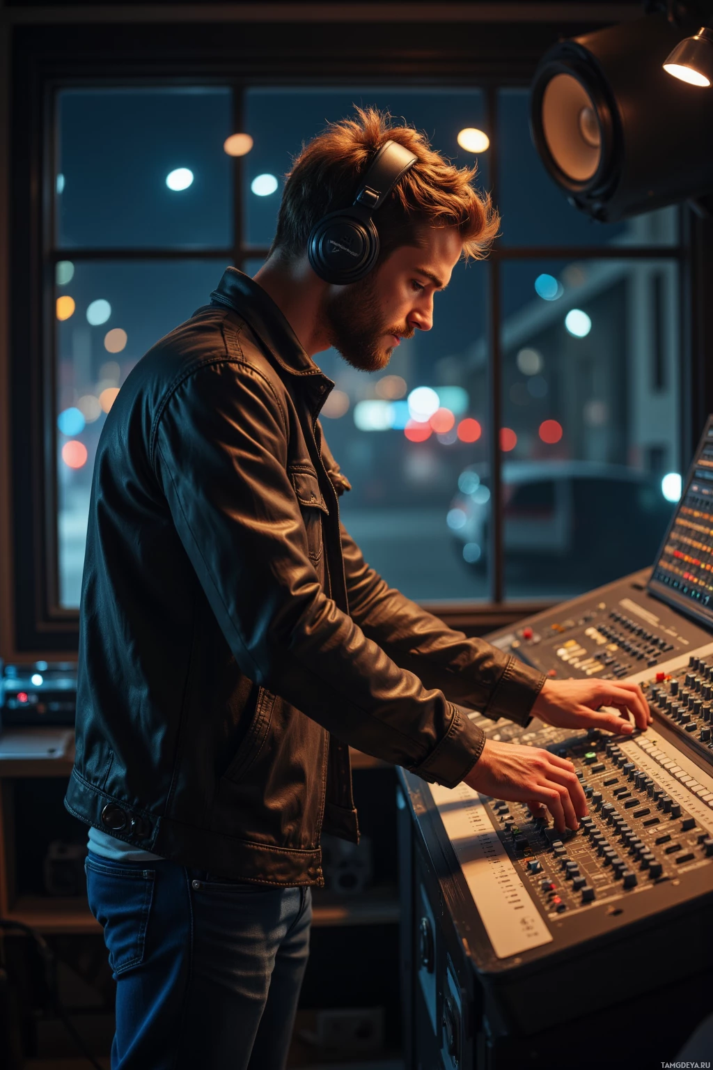 Realistic high quality photo. Tall 31‑year‑old male with tousled brown hair, blue eyes, wearing a worn leather jacket over casual jeans and scuffed boots, stands in a dim late‑night recording studio with flickering lights, focused on a mixing console while blurred city traffic lights glow outside the window, headphones on, hands on knobs, exuding calm concentration.