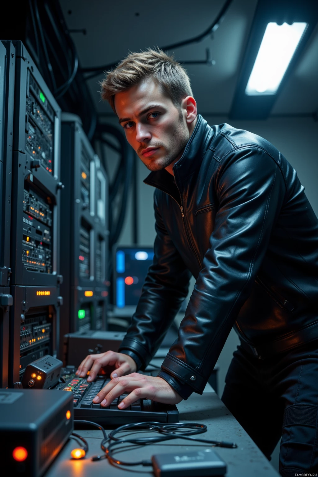 Realistic high quality photo. A 30‑year‑old man with light brown hair and piercing blue eyes, wearing a fitted black leather jacket and dark tactical pants, hunched over a cluttered server room table at midnight, his fingers flying across a keyboard as glowing LEDs blink from an old router, with dim fluorescent lights overhead and cables crisscrossing the background.
