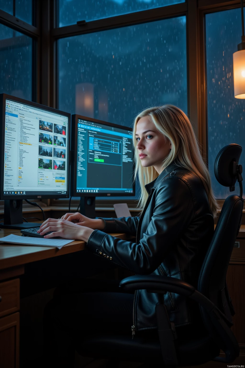 Realistic high quality photo. A 27‑year‑old pale‑skinned blonde woman in a dark leather jacket and pants sits alone in a dimly lit old tower office at midnight, her stoic face focused on glowing computer monitors filled with scrolling data, the heavy door closed against the faint city hum below and rain softly tapping the window, embodying quiet independence and silent determination.