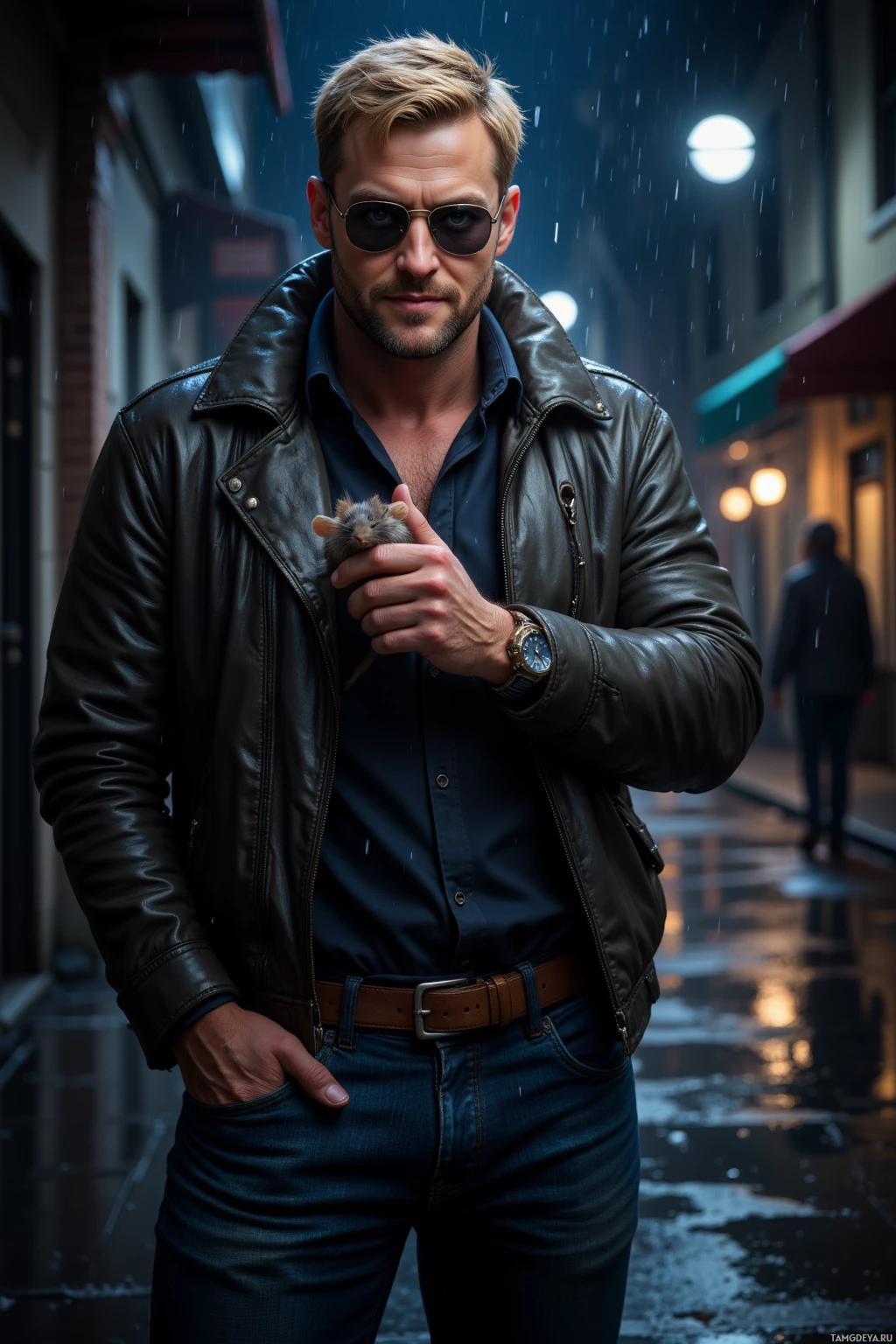 Realistic high quality photo. Tall, rugged 38‑year‑old man with short blonde hair, piercing blue eyes, strong jawline, wearing a cracked vinyl jacket, dark jeans, watch, aviator sunglasses perched on his face, grinning confidently while holding a dead mouse in one hand, standing in a rain‑soaked city alley at night with street lamps reflecting on wet pavement and shadows looming around him.