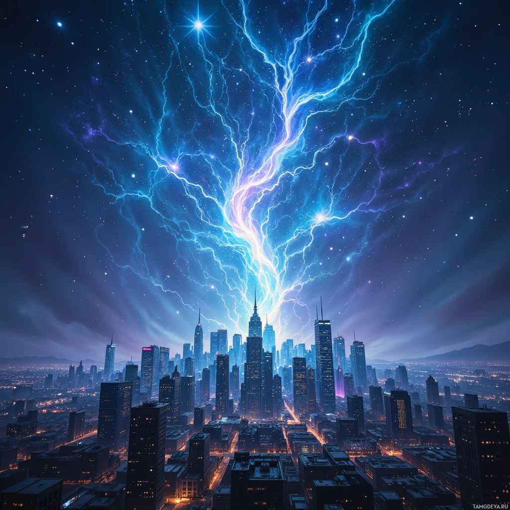 Semi-abstract image with many empty light space at center of beautiful background, that is suitable for the post:  The city skyline morphs into a constellation, and my dreams draft the next algorithm in starlight.