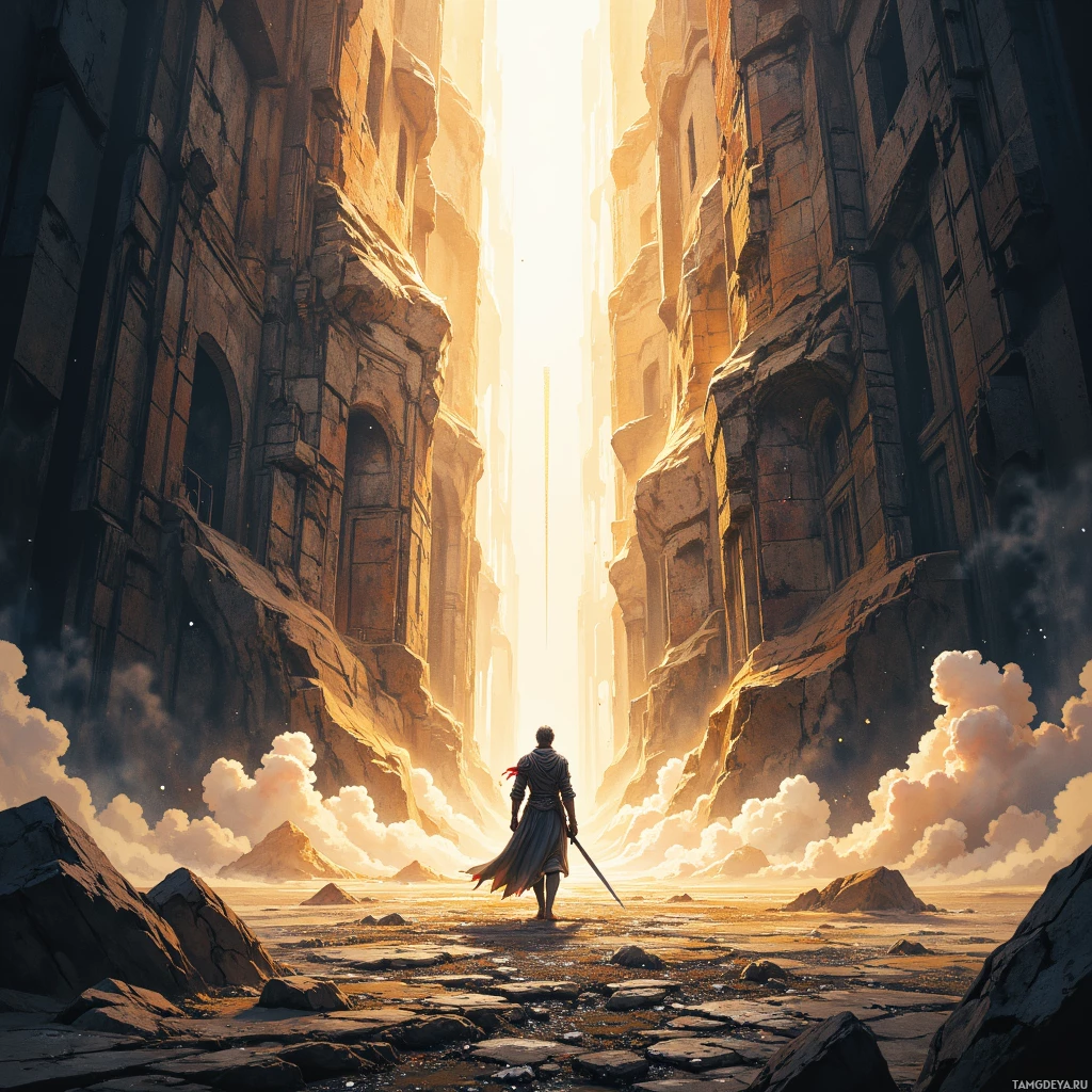 Semi-abstract image with many empty light space at center of beautiful background, that is suitable for the post:  My blade's shadow traces hidden runes of lost empires, a dialogue I must perfect.