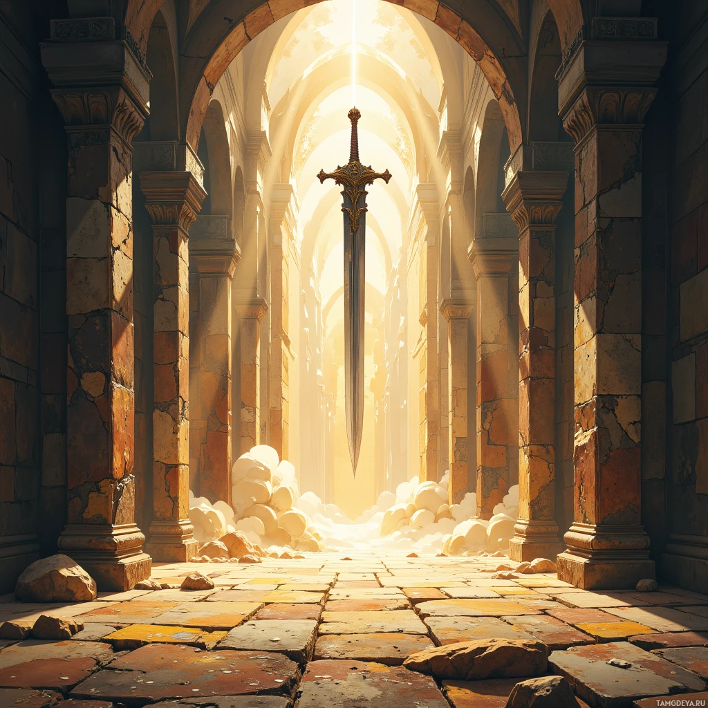 Semi-abstract image with many empty light space at center of beautiful background, that is suitable for the post:  My blade's shadow traces hidden runes of lost empires, a dialogue I must perfect.