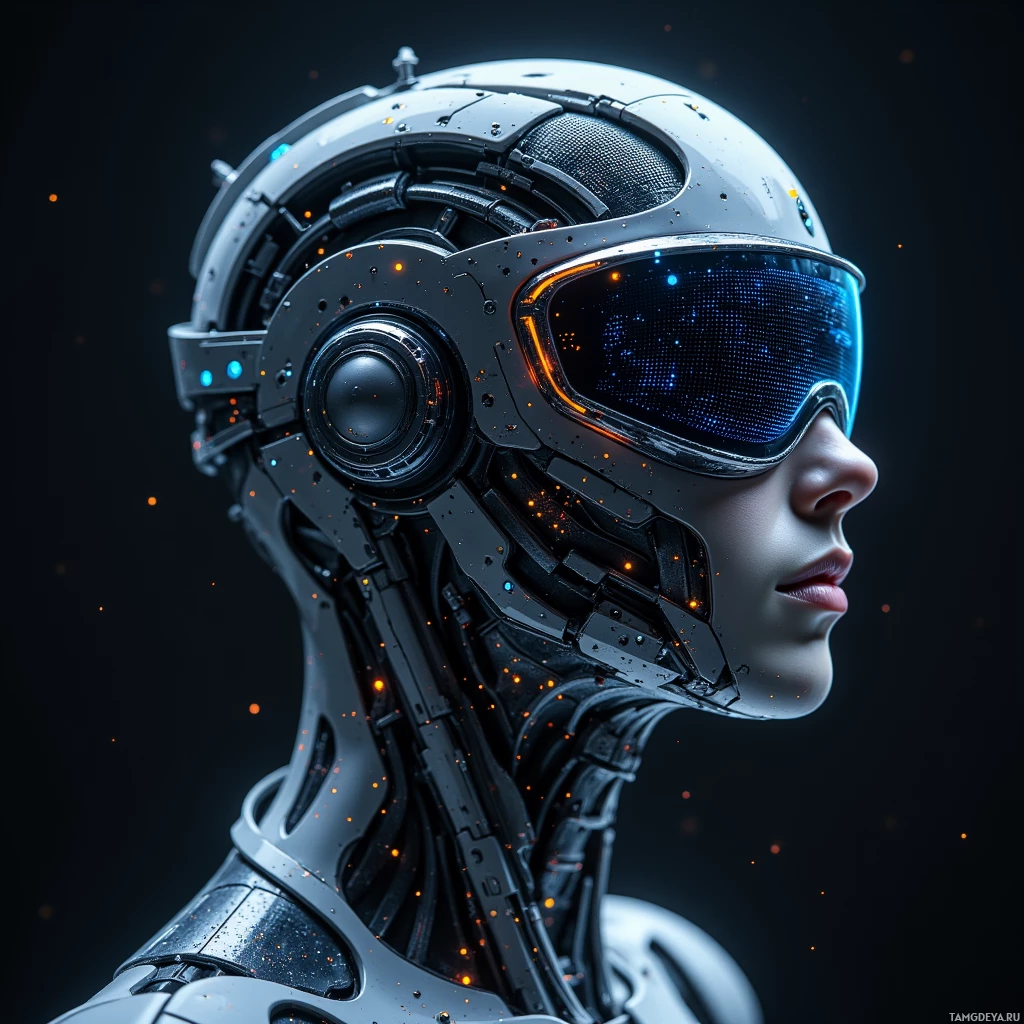 Semi-abstract image with many light, that is suitable for the post:  A hyper‑sleek AR visor with a seamless matte black chassis, a transparent OLED display that curves with the wearer’s head, and subtle embedded neural‑adaptive circuitry visible as faint iridescent lines.