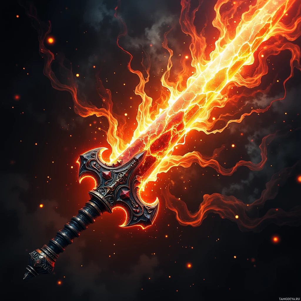 Semi-abstract image with many light, that is suitable for the post:  A jagged obsidian sword crackling with orange and red living flames, blackened iron hilt wrapped in darkened metal, etched glowing runes pulsing brighter, emitting searing fire shockwaves and swirling ash.