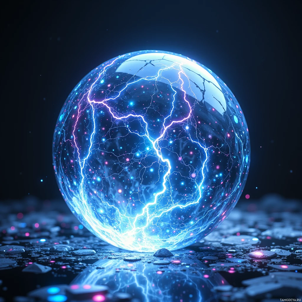 Semi-abstract image with many light, that is suitable for the post:  Translucent crystal orb with a rippling surface, glowing softly in electric pulses, projecting shimmering iridescent memory shards that swirl in a cascading neon web of data threads.