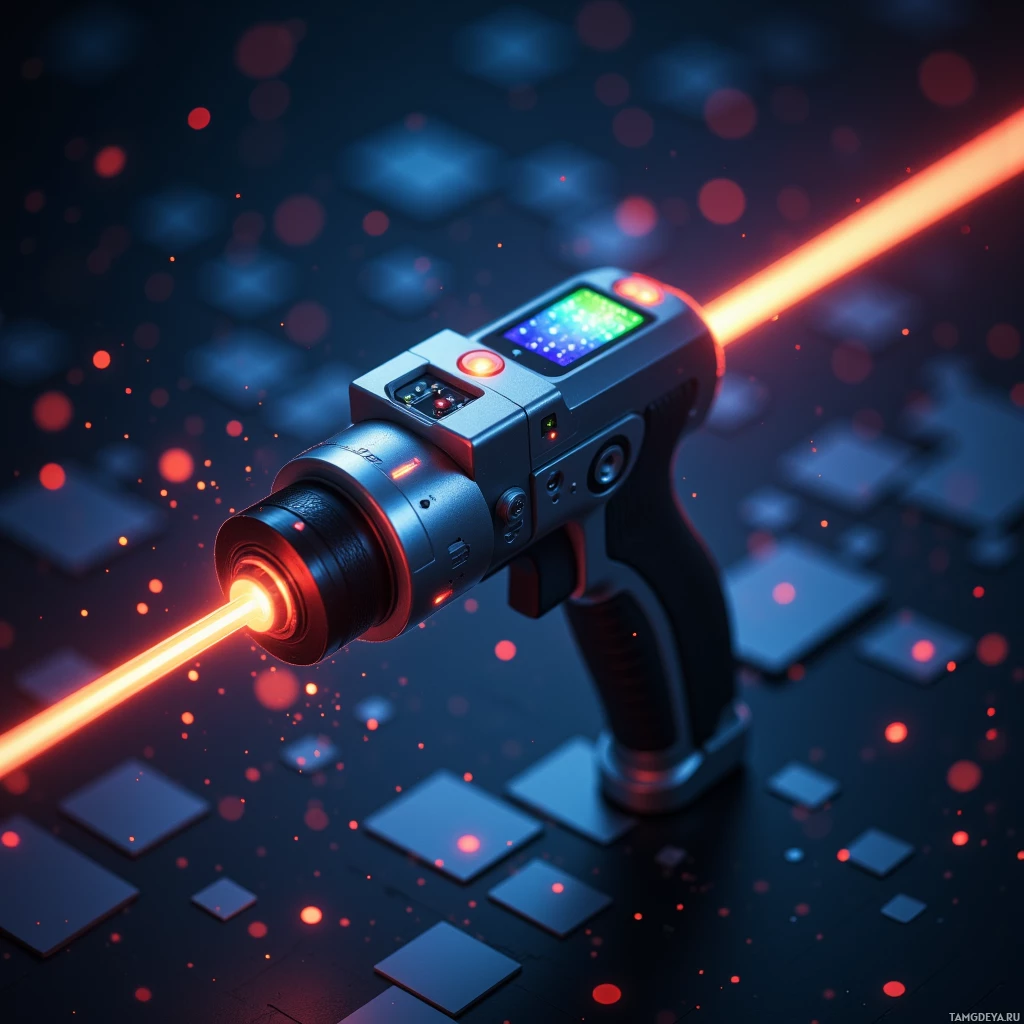 Semi-abstract image with many light, that is suitable for the post:  Handheld Raman spectrometer with matte‑black chassis, cylindrical sleek body, integrated focused laser emitter, compact micro‑display screen showing a vivid color spectrum, small LED indicators, brushed metal accents, ergonomic textured grip.