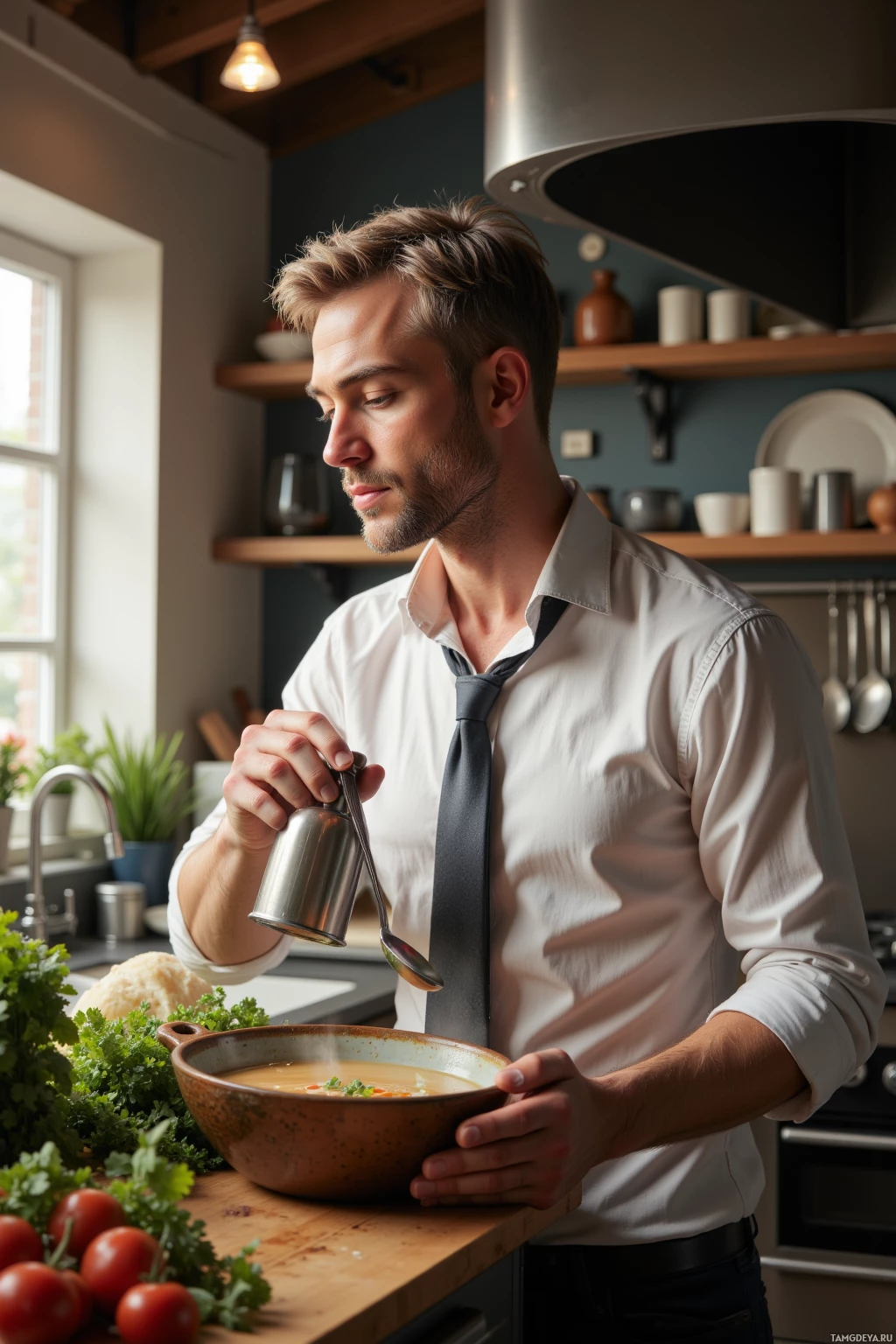Realistic high quality photo. A 28‑year‑old distinguished man with salt‑and‑pepper hair, fair skin, sharp features, wearing a tailored shirt and subtle tie, holding a shaker, standing in a modern kitchen at dawn, scrutinizing a steaming bowl of broth with a spoon, surrounded by stainless‑steel utensils and a counter lined with fresh vegetables.
