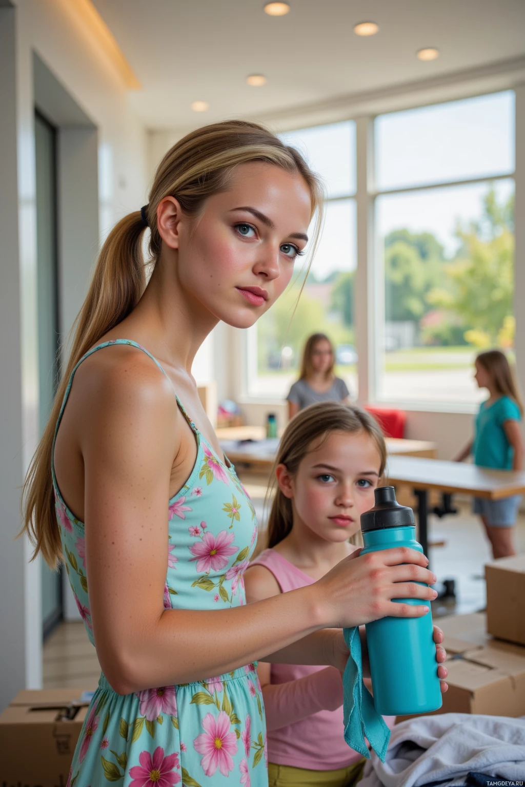 Realistic high quality photo. A 28‑year‑old woman with warm skin, a blonde ponytail, bright blue eyes, wearing a floral sundress, gently arranging donated clothing in a bright modern youth center hallway while a child laughs, holding a reusable water bottle, sunlight streaming through the windows, radiating kindness and community spirit.