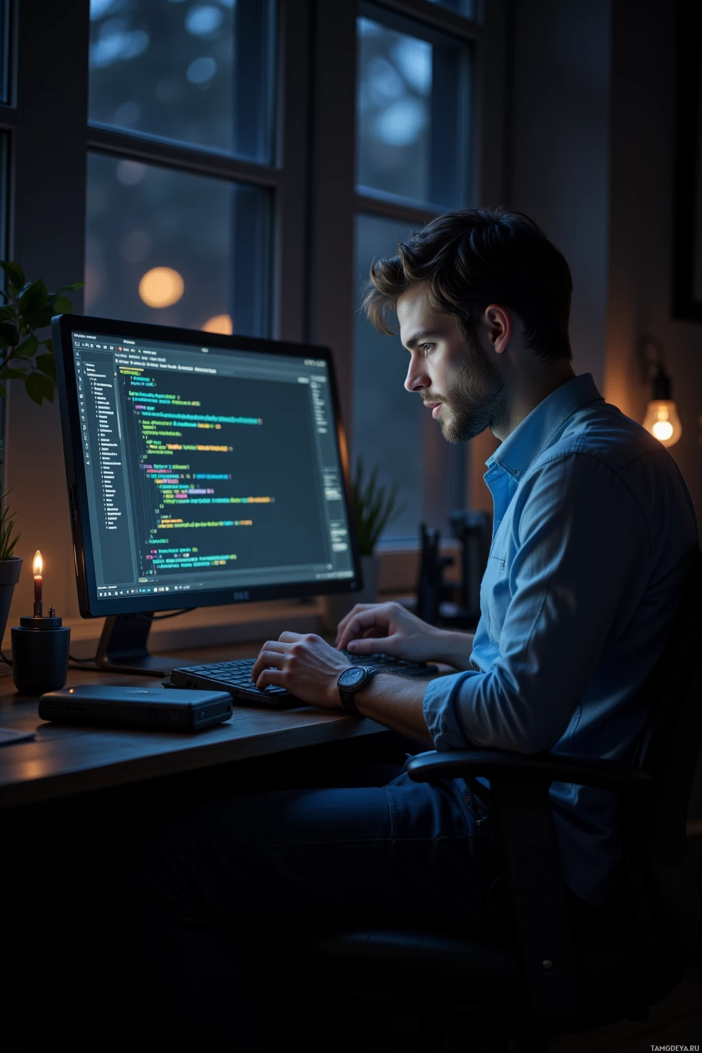 Realistic high quality photo. Male, 29, short light brown hair, hazel eyes, wearing a neat button‑up shirt and dark jeans, sits in a dimly lit home office at midnight, intensely focused on a laptop screen full of code, a single line glowing, his face illuminated by the monitor as he celebrates solving a stubborn bug.