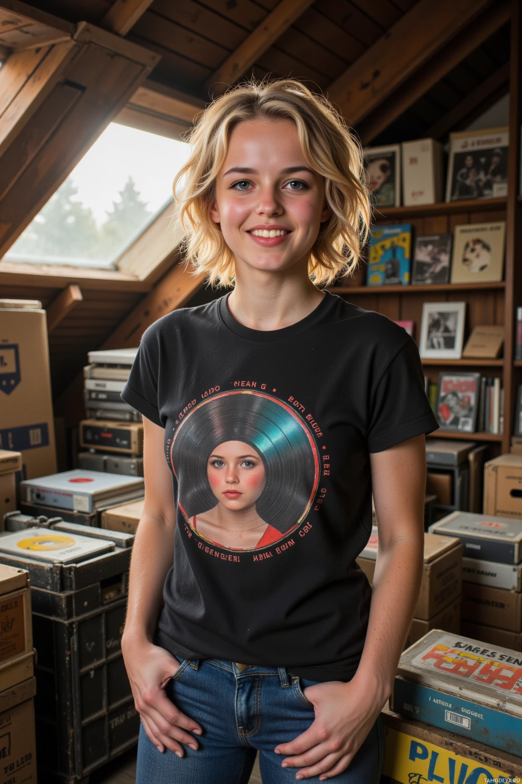 Realistic high quality photo. Female, 27, short curly blonde hair, blue eyes, wearing a black band t-shirt and jeans, standing in a dusty attic with vintage record crates, holding a 1970s vinyl record, humming with a mischievous grin, warm late afternoon light filtering through old windows, surrounded by stacks of old cassette tapes and 1970s band posters.