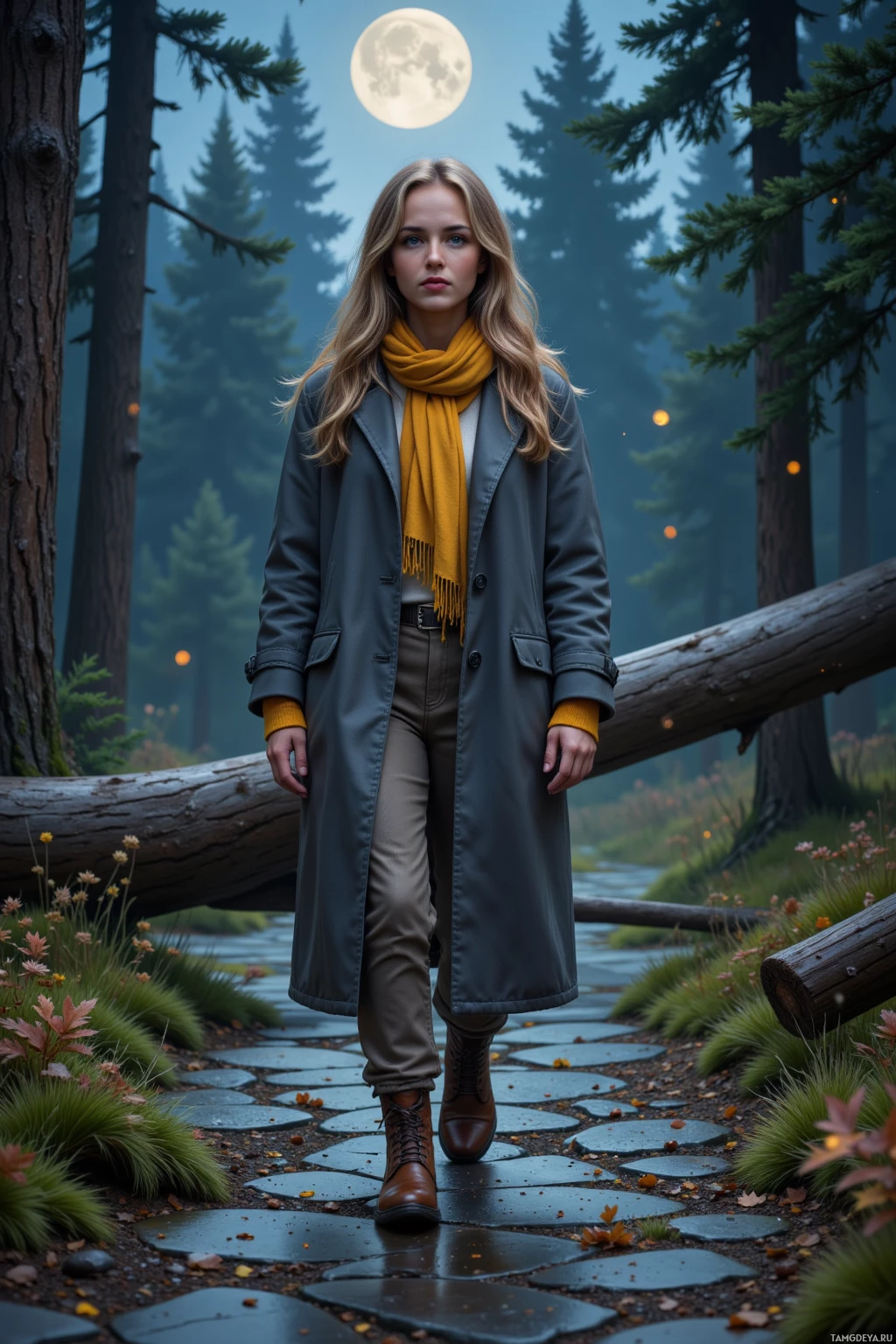 Realistic high quality photo. Female, 30, long wavy light brown hair, thoughtful blue eyes, pale skin, wearing a cozy oversized raincoat, soft yellow scarf, comfortable boots, walking alone through a moonlit pine forest with wet stone paths, distant thunder, a fallen log illuminated by dancing moonlight, and trembling branches swaying.